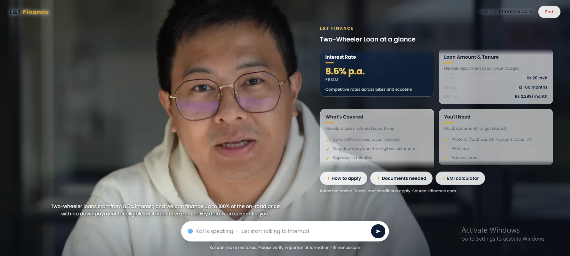 A live AI video agent explaining a product, with the key details shown on screen